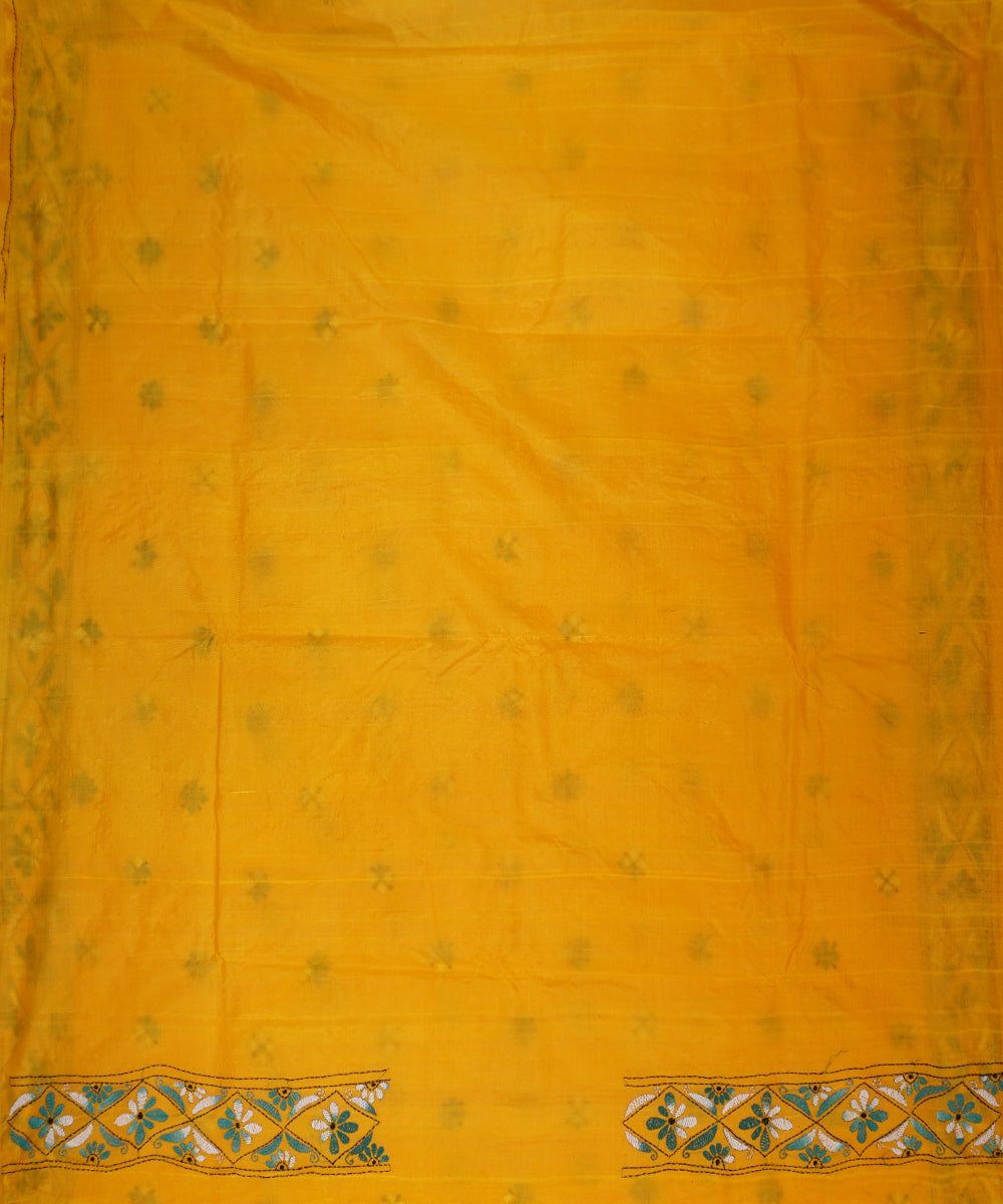 Yellow tussar silk hand embroidery kantha stitch saree