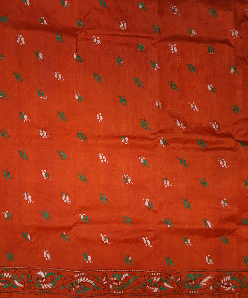 Cedar chest orange tussar silk hand embroidery kantha stitch saree
