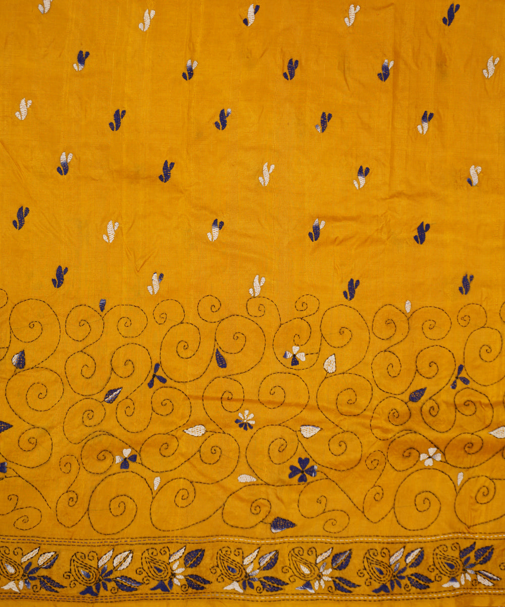 Mustard gold tussar silk hand embroidery kantha stitch saree