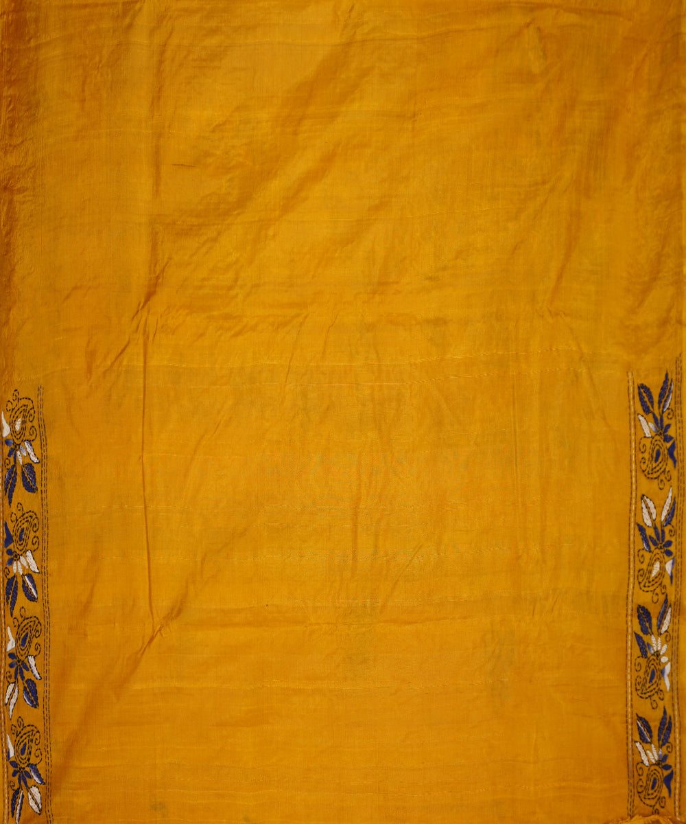 Mustard gold tussar silk hand embroidery kantha stitch saree
