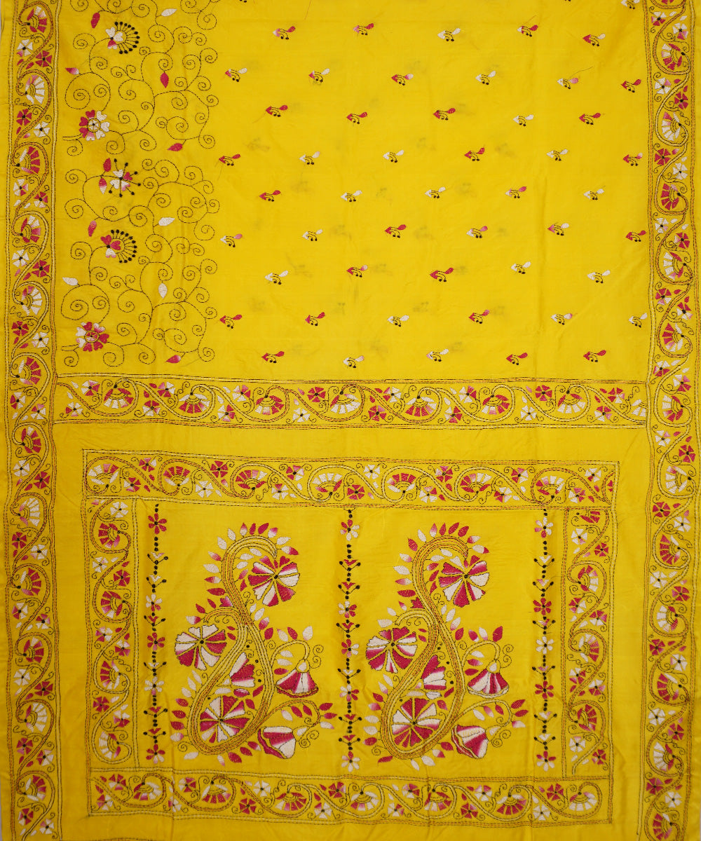 Cyber yellow tussar silk hand embroidery kantha stitch saree