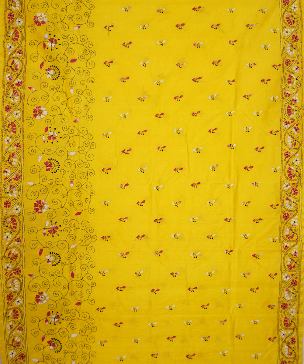Cyber yellow tussar silk hand embroidery kantha stitch saree