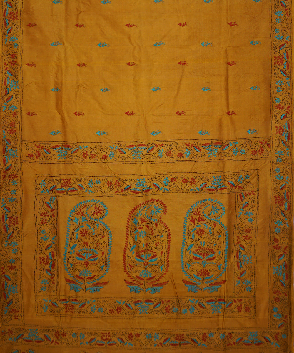 Copper yellow tussar silk hand embroidery kantha stitch saree