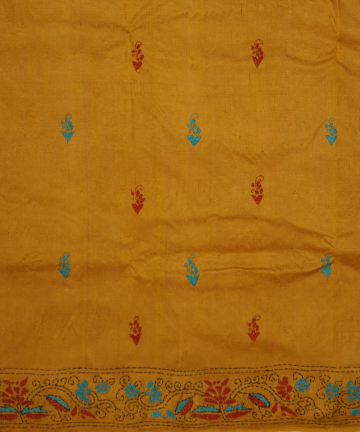 Copper yellow tussar silk hand embroidery kantha stitch saree