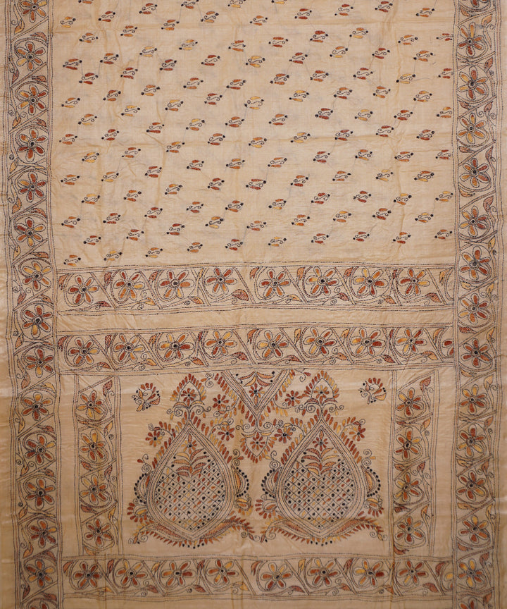 Offwhite tussar silk hand embroidery kantha stitch saree