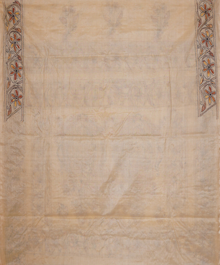 Offwhite tussar silk hand embroidery kantha stitch saree