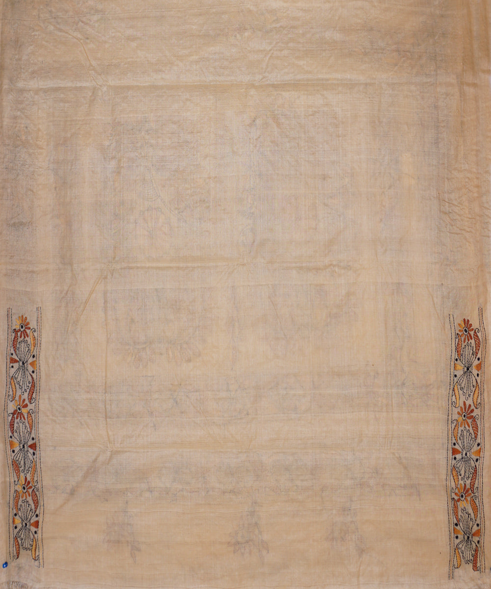 Off white tussar silk hand embroidery kantha stitch saree