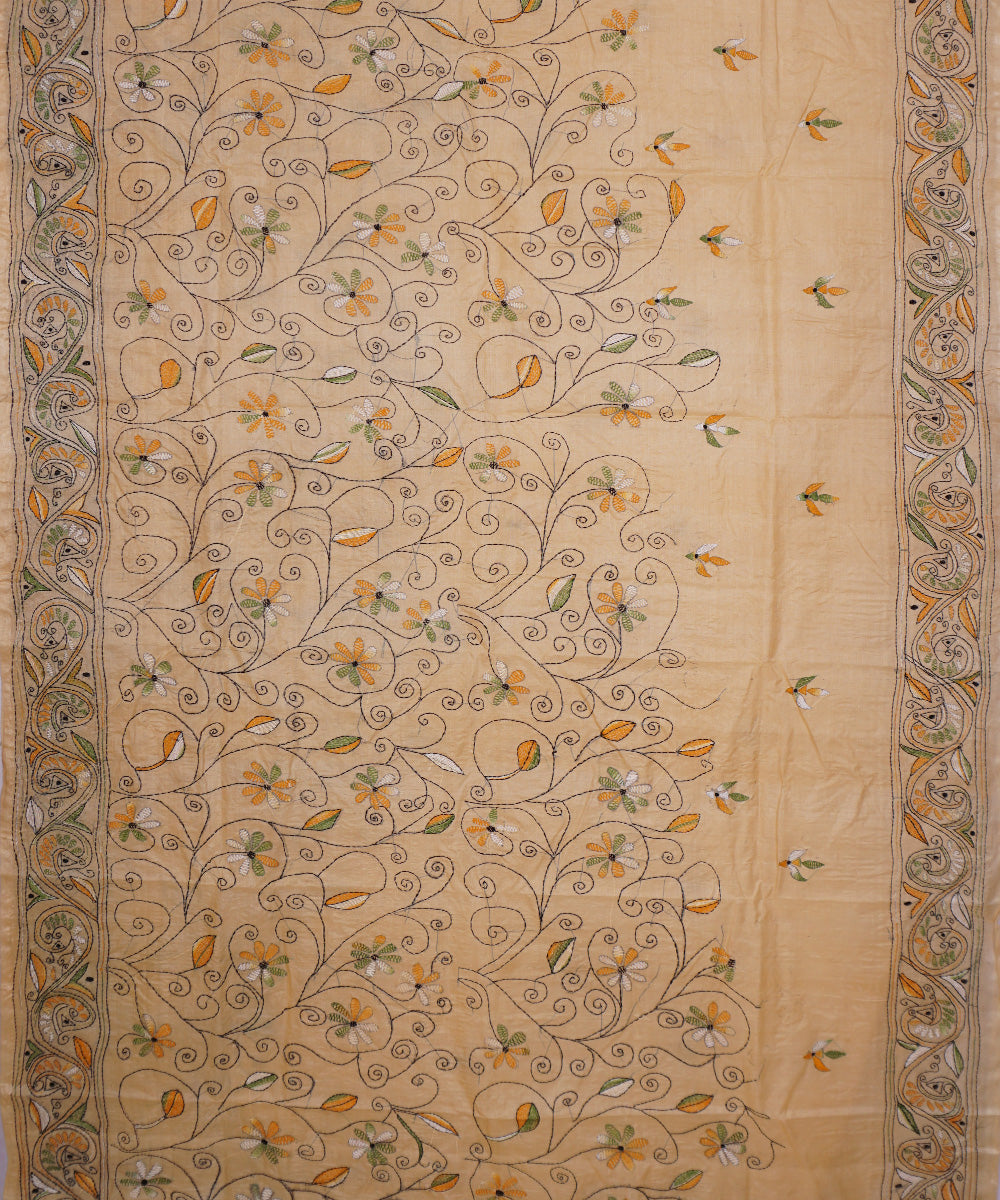Offwhite hand embroidery kantha stitch tussar silk saree