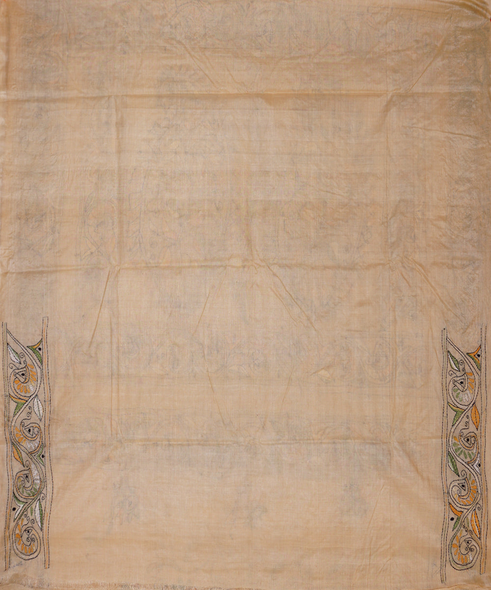 Offwhite hand embroidery kantha stitch tussar silk saree