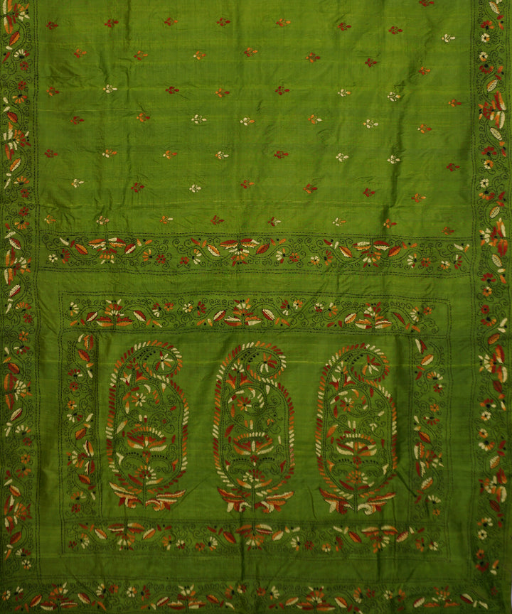 Dark olive green tussar silk hand embroidery kantha stitch saree