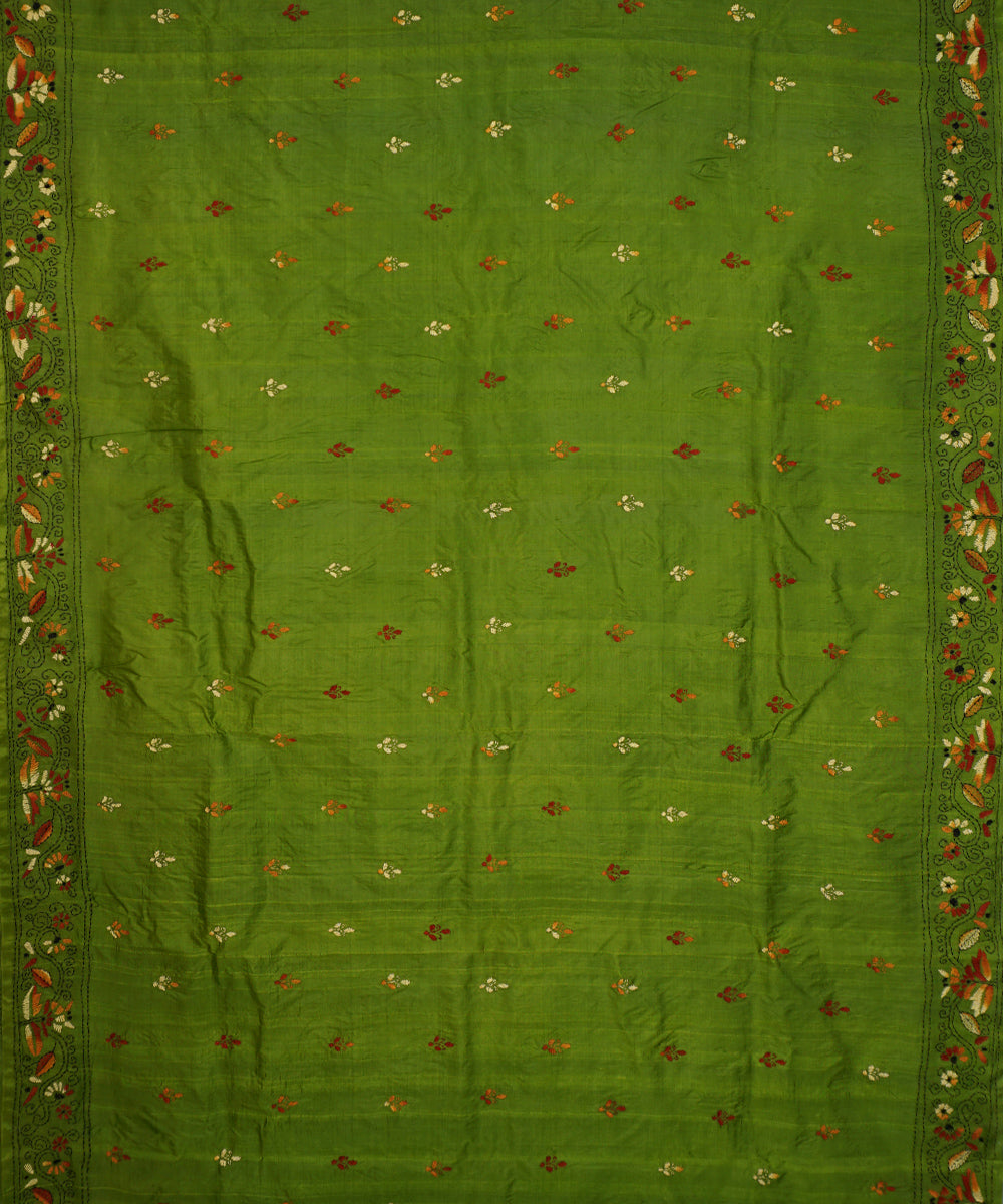 Dark olive green tussar silk hand embroidery kantha stitch saree