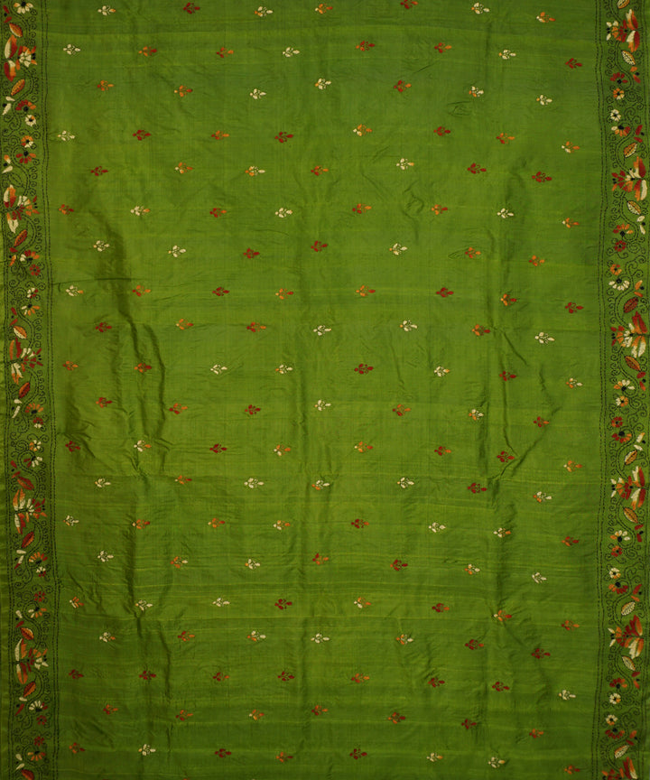 Dark olive green tussar silk hand embroidery kantha stitch saree