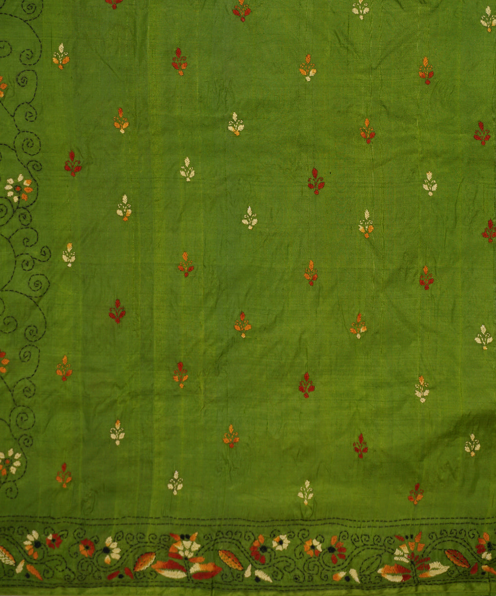 Dark olive green tussar silk hand embroidery kantha stitch saree