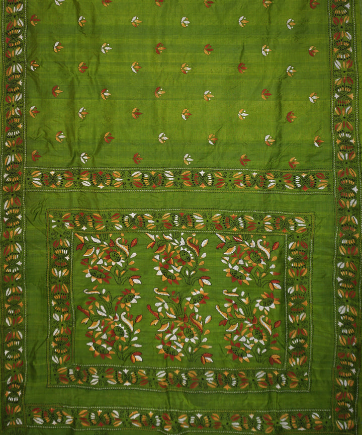 Olive green tussar silk hand embroidery kantha stitch saree