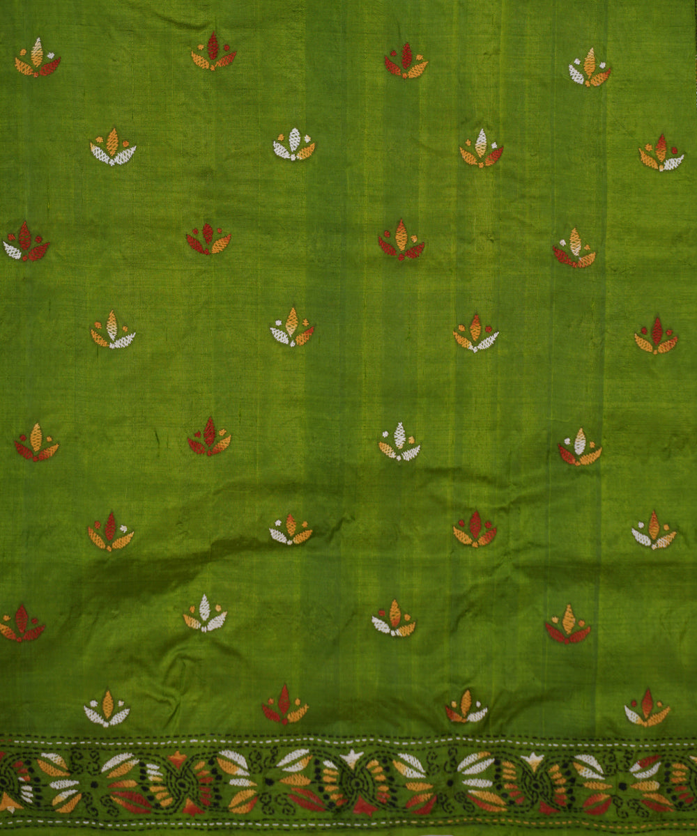Olive green tussar silk hand embroidery kantha stitch saree