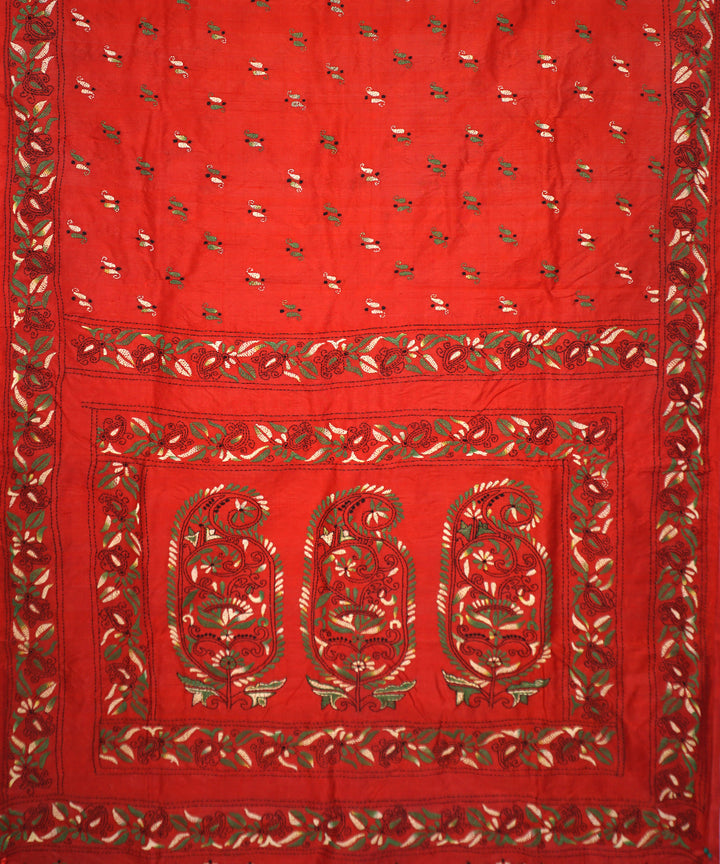 Red tussar silk hand embroidery kantha stitch saree