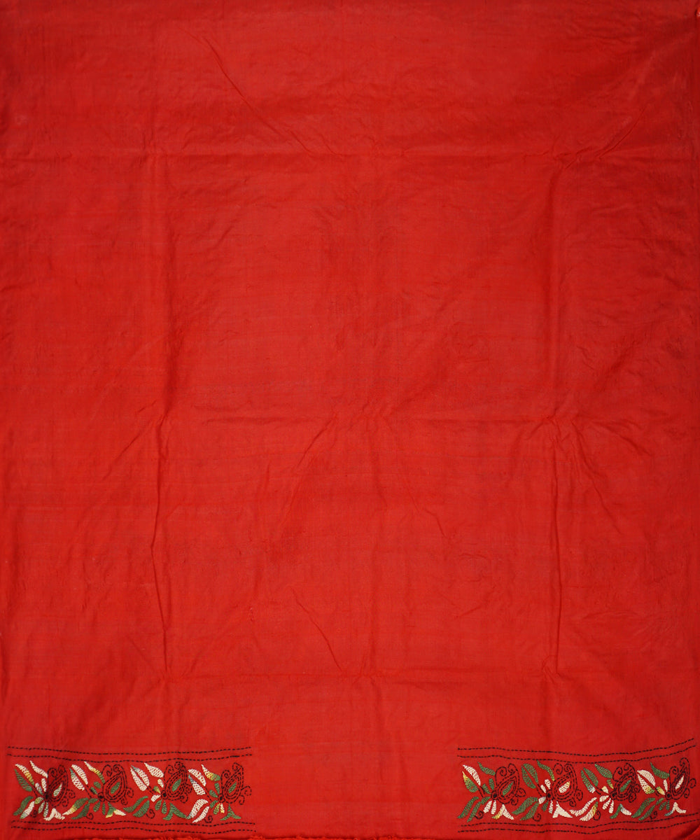 Red tussar silk hand embroidery kantha stitch saree