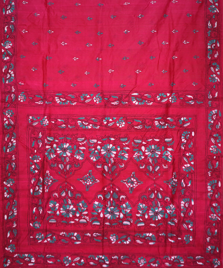 Deep pink tussar silk hand embroidery kantha stitch saree