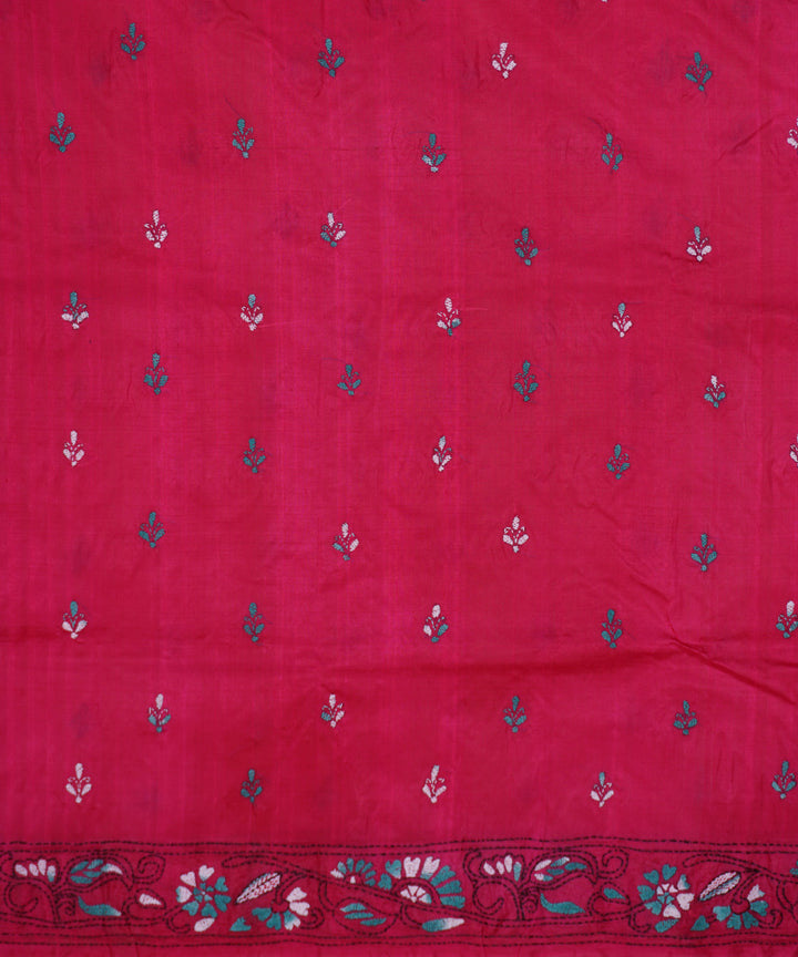Deep pink tussar silk hand embroidery kantha stitch saree