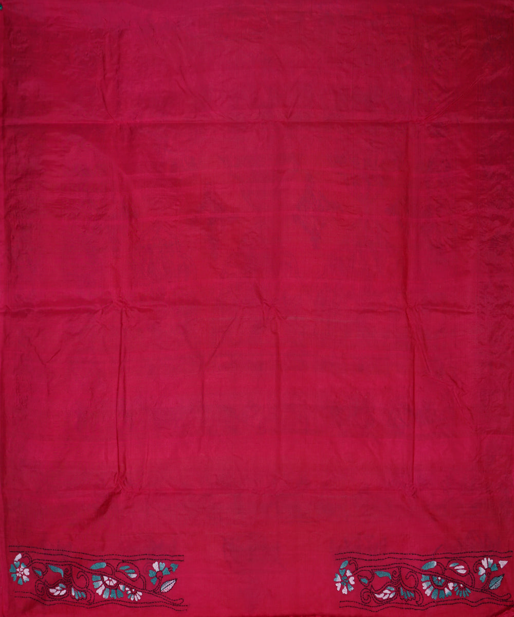 Deep pink tussar silk hand embroidery kantha stitch saree
