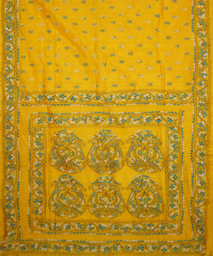 Yellow hand embroidery kantha stitch tussar silk saree