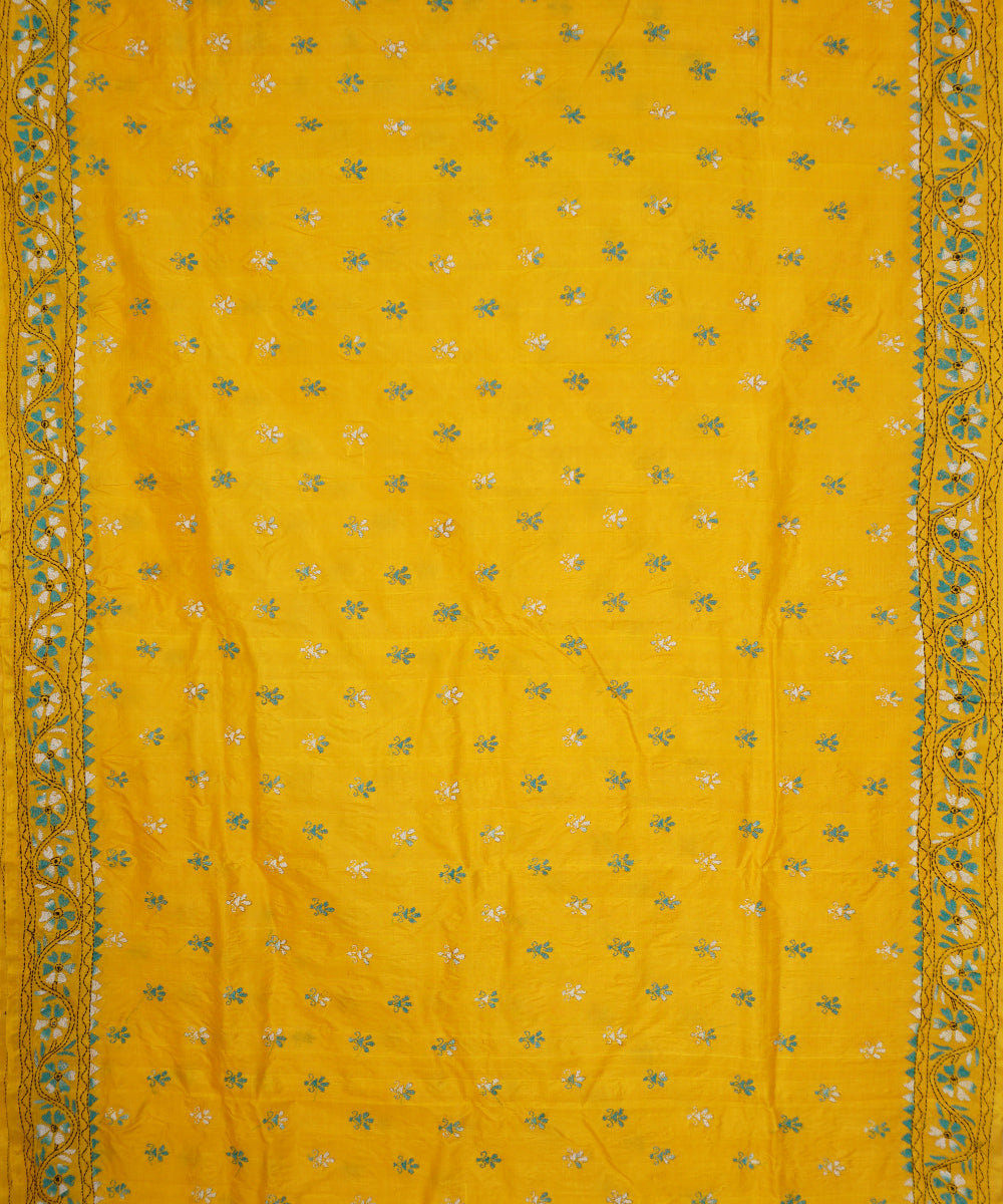 Yellow hand embroidery kantha stitch tussar silk saree