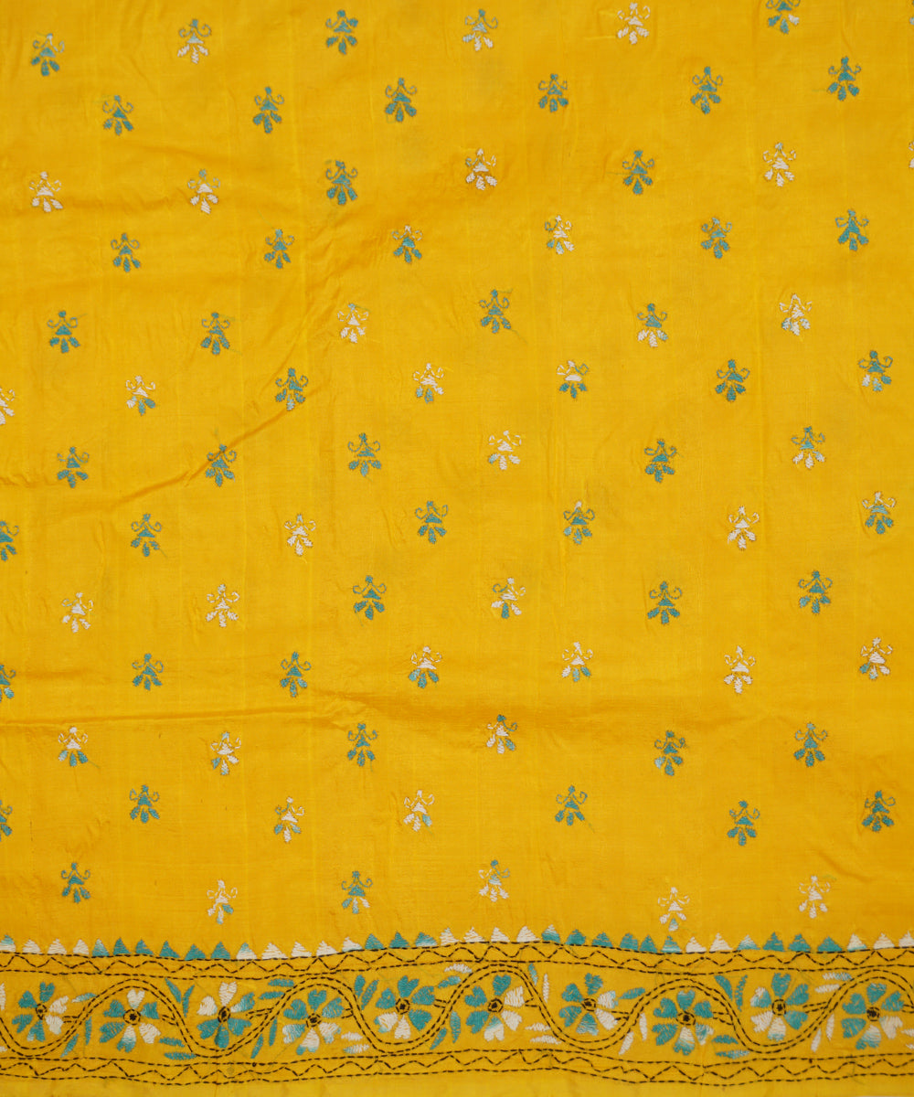Yellow hand embroidery kantha stitch tussar silk saree