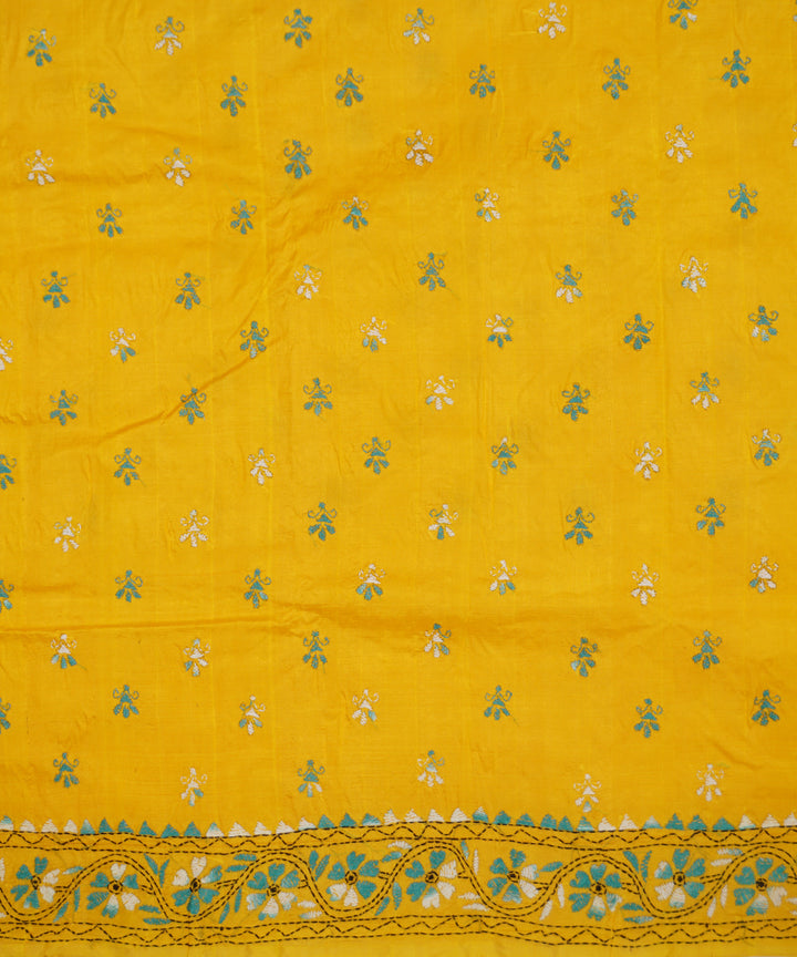 Yellow hand embroidery kantha stitch tussar silk saree