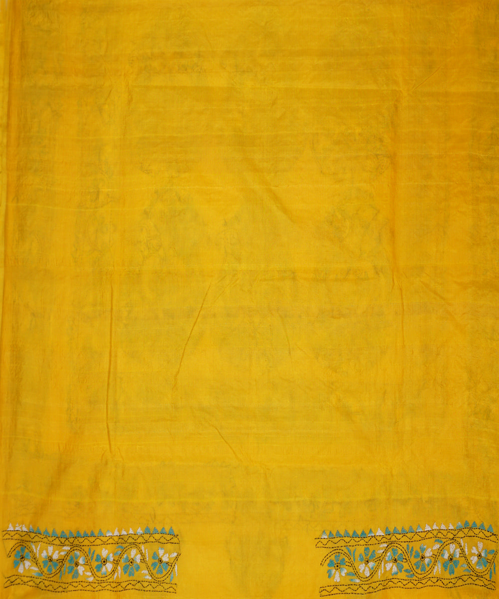 Yellow hand embroidery kantha stitch tussar silk saree