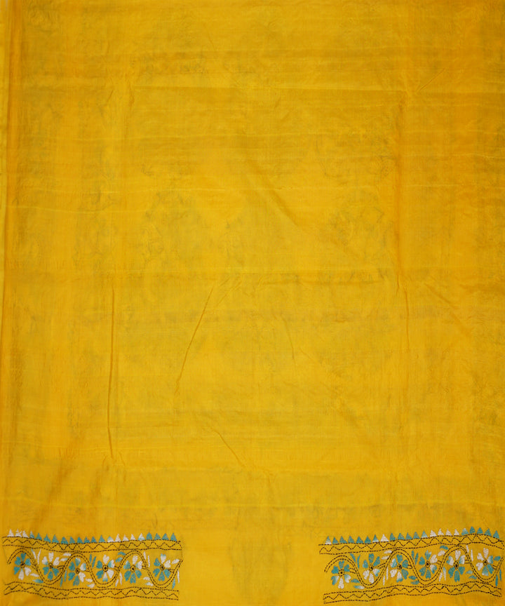 Yellow hand embroidery kantha stitch tussar silk saree