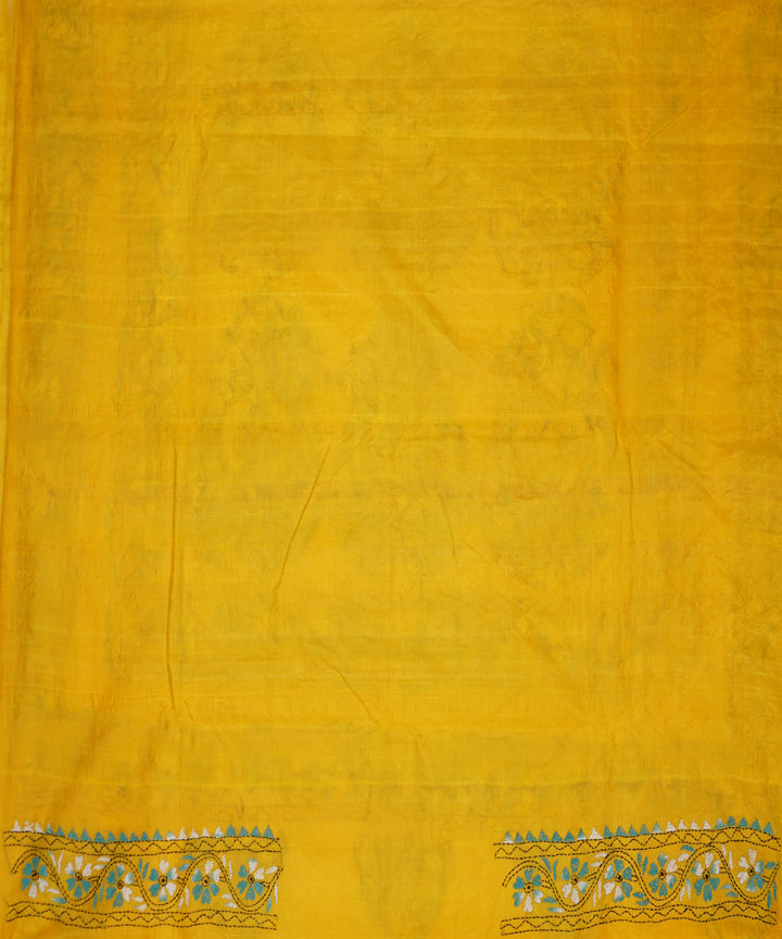 Yellow hand embroidery kantha stitch tussar silk saree