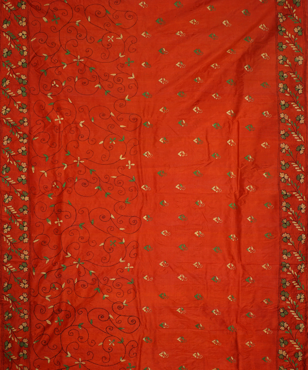 Chinese red tussar silk hand embroidery kantha stitch saree