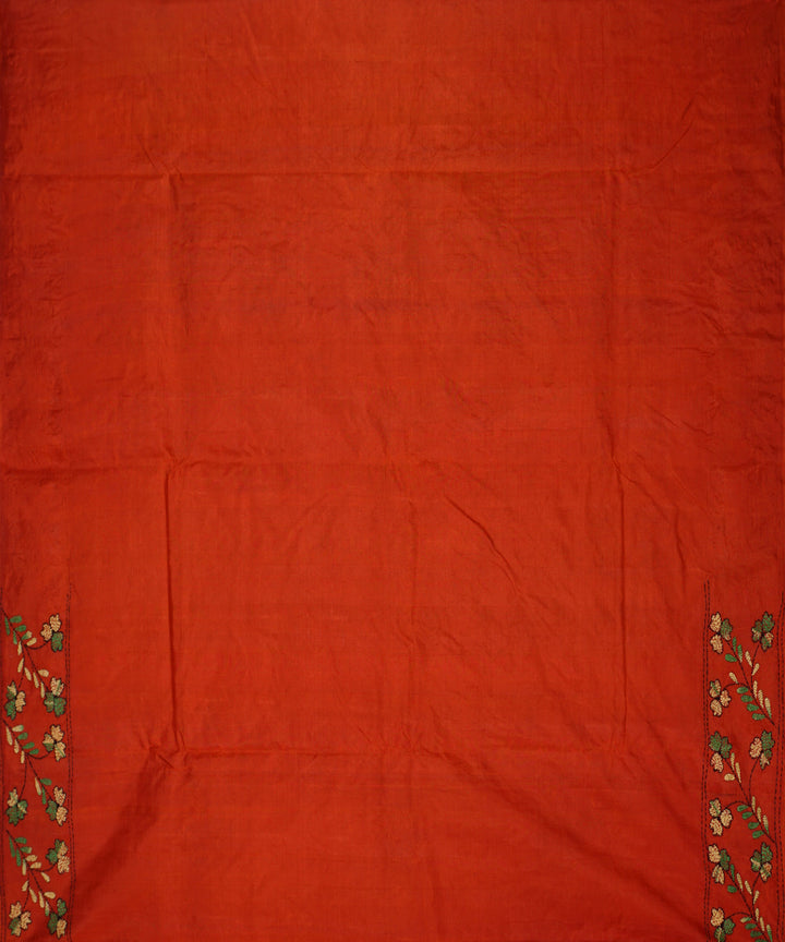 Chinese red tussar silk hand embroidery kantha stitch saree