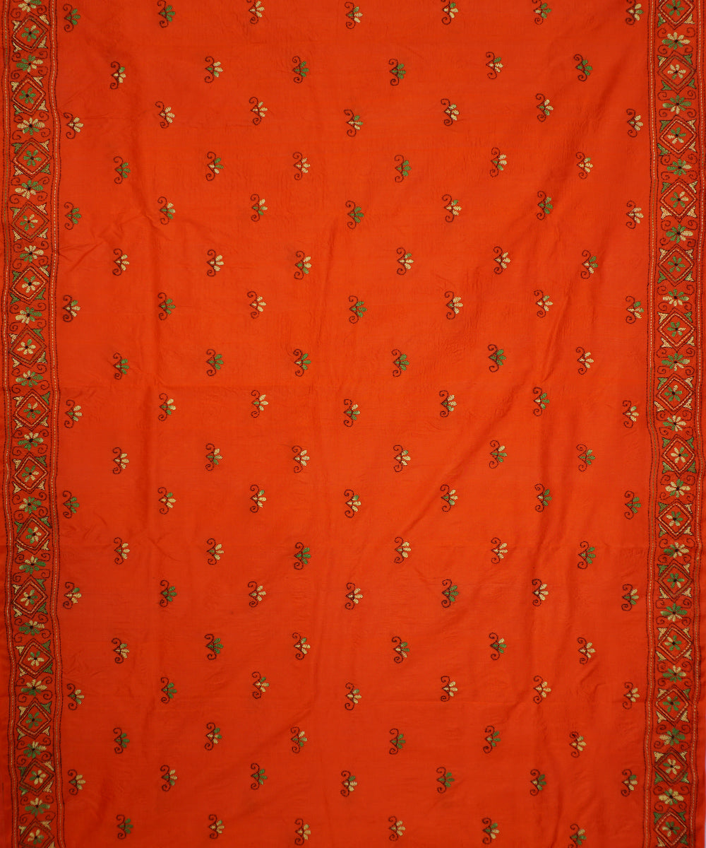Coquelicot orange tussar silk hand embroidery kantha stitch saree