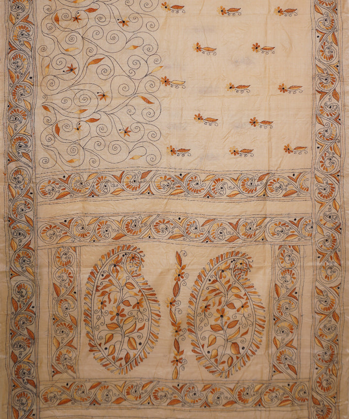Off white hand embroidery tussar silk kantha stitch saree