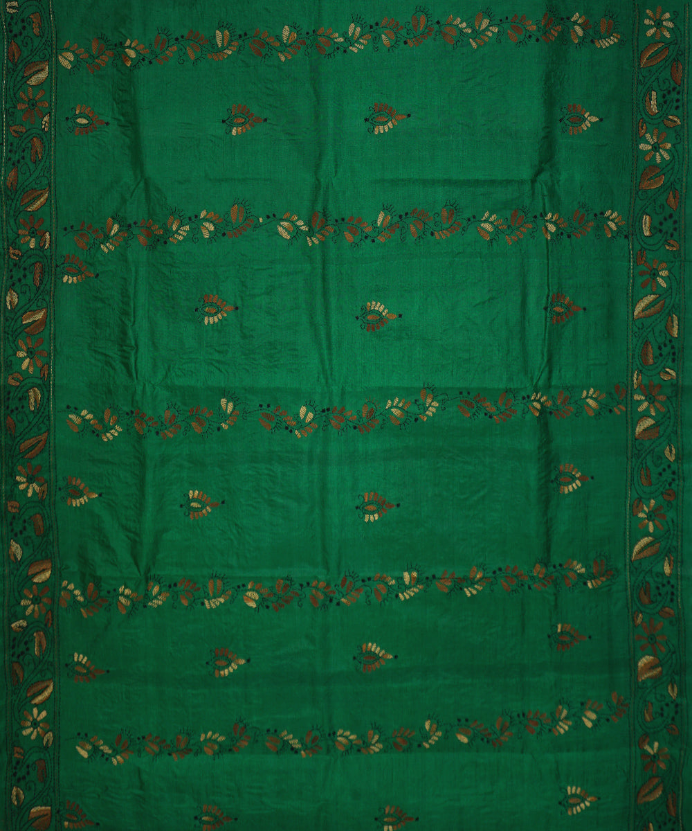 Cadmium green tussar silk hand embroidery kantha stitch saree