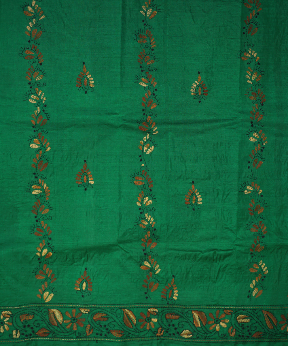Cadmium green tussar silk hand embroidery kantha stitch saree