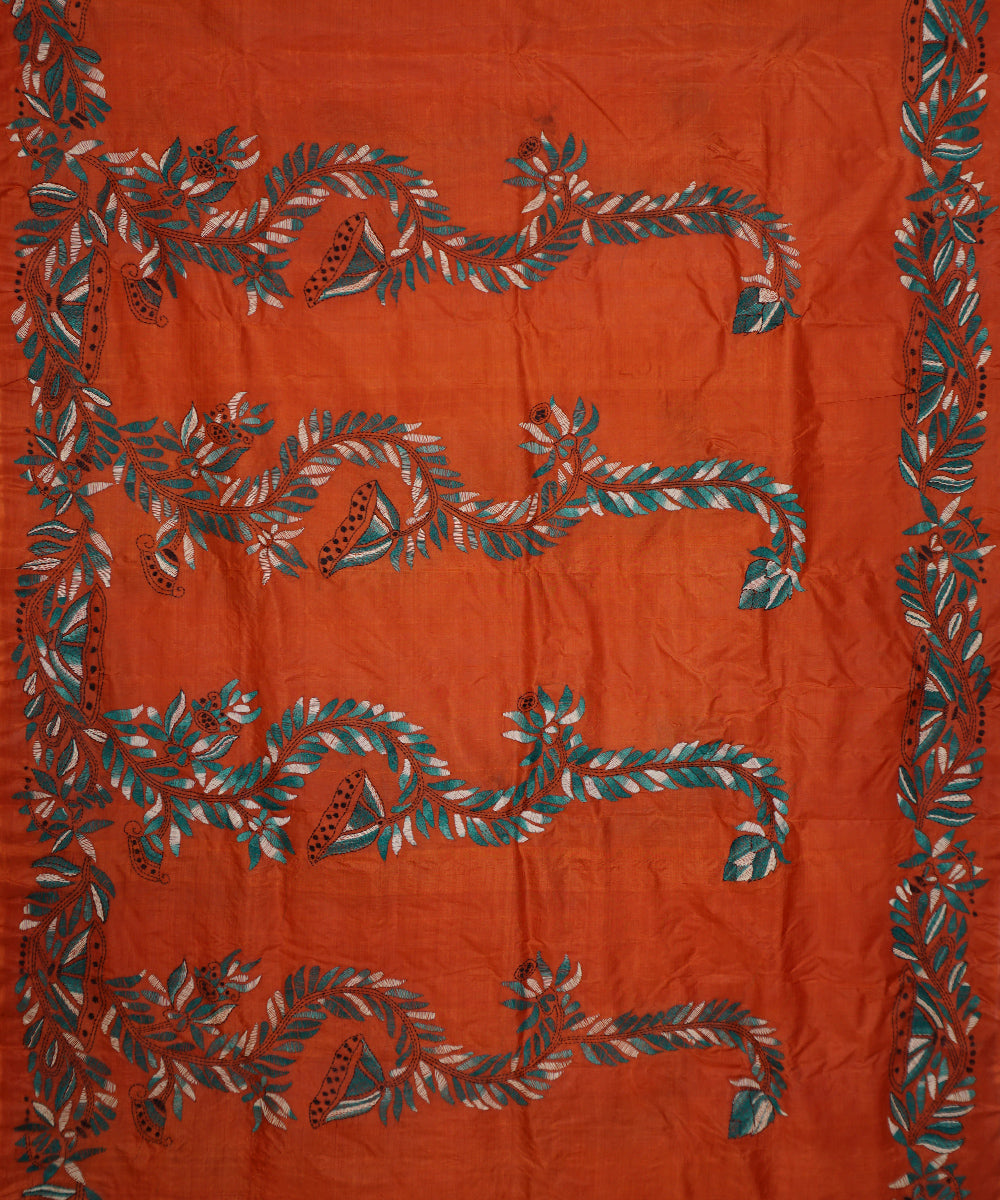 Deep carrot orange tussar silk hand embroidery kantha stitch saree