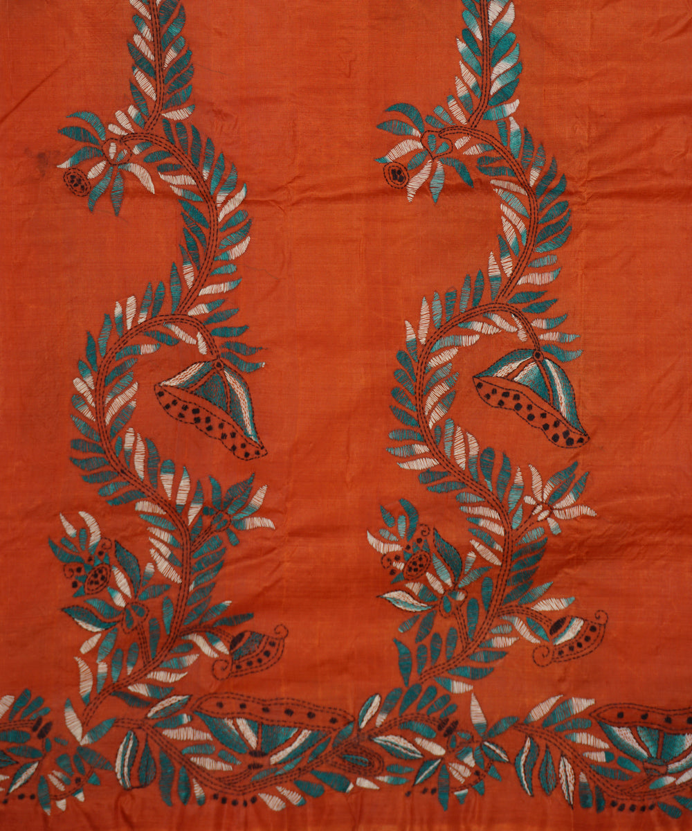Deep carrot orange tussar silk hand embroidery kantha stitch saree
