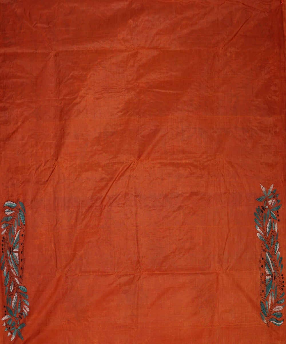 Deep carrot orange tussar silk hand embroidery kantha stitch saree