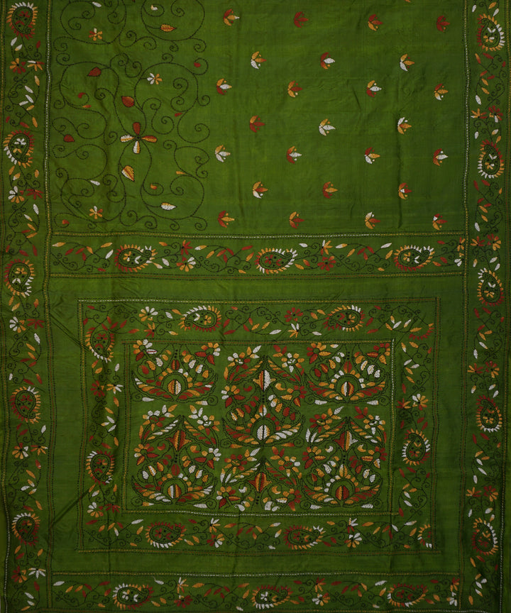 Dark moss green tussar silk hand embroidery kantha stitch saree