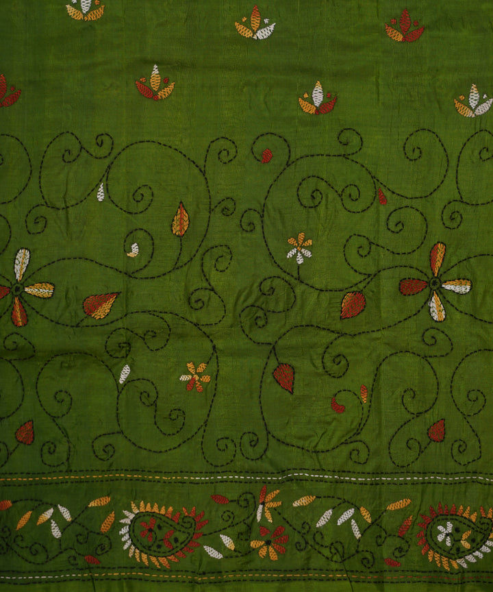 Dark moss green tussar silk hand embroidery kantha stitch saree