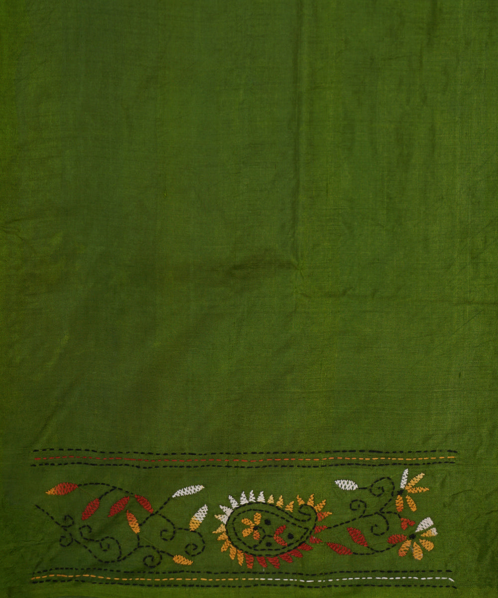 Dark moss green tussar silk hand embroidery kantha stitch saree