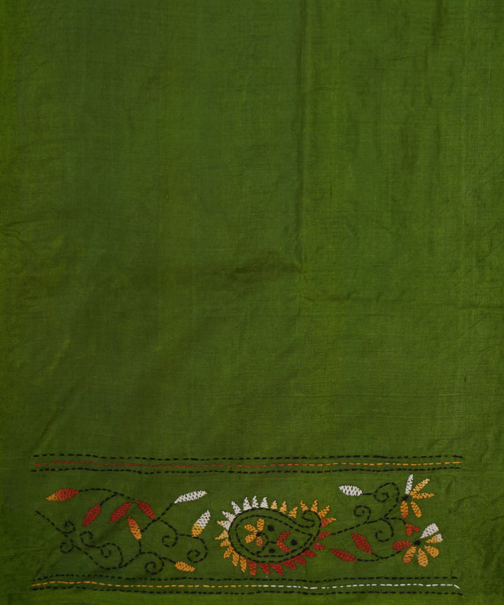 Dark moss green tussar silk hand embroidery kantha stitch saree