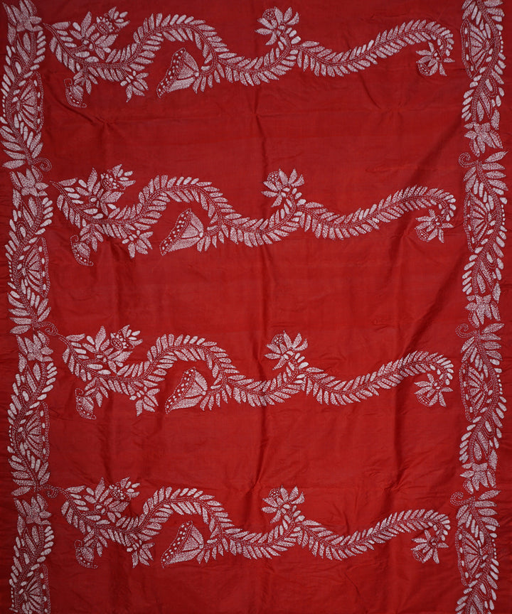 Maroon tussar silk hand embroidery kantha stitch saree