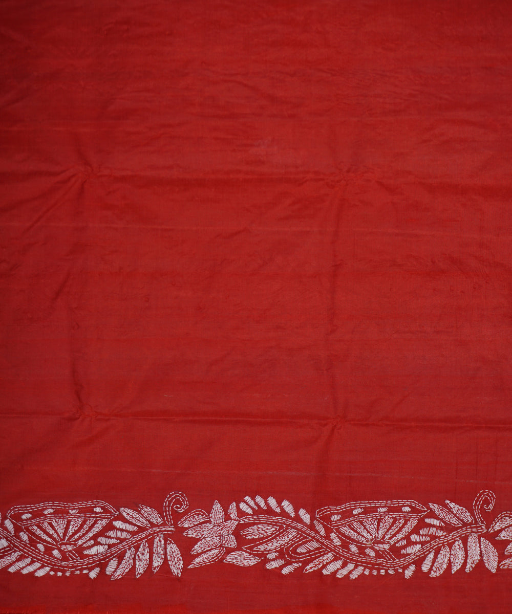 Maroon tussar silk hand embroidery kantha stitch saree