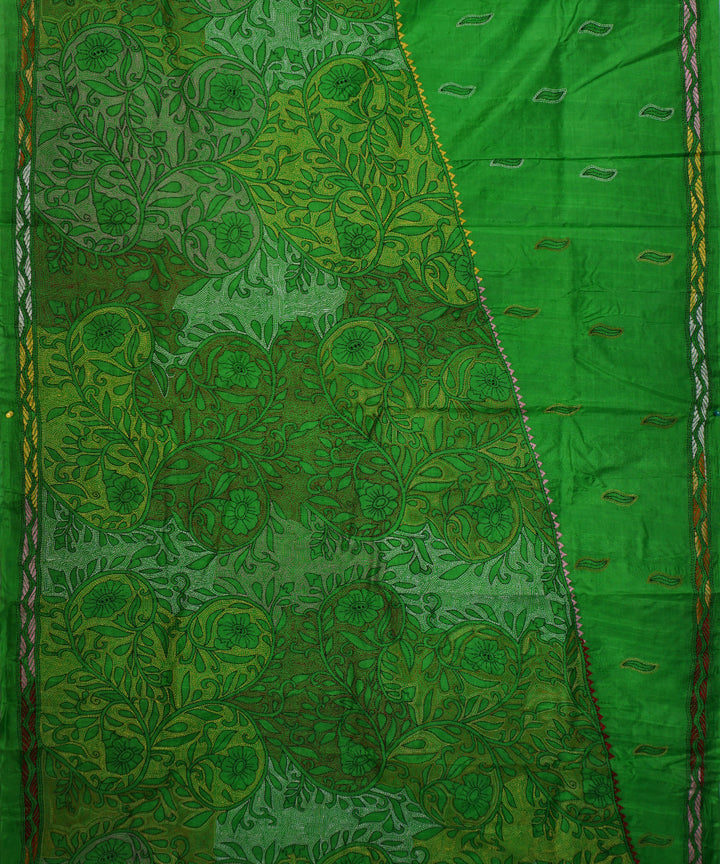 Dark forest green tussar silk hand embroidery kantha stitch saree