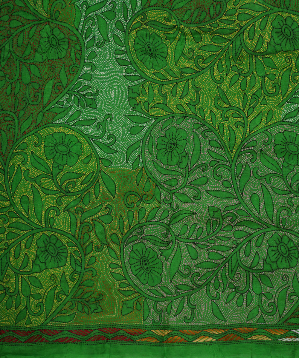 Dark forest green tussar silk hand embroidery kantha stitch saree