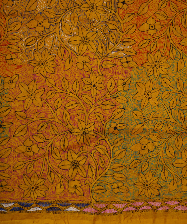 Mustard golden tussar silk hand embroidery kantha stitch saree