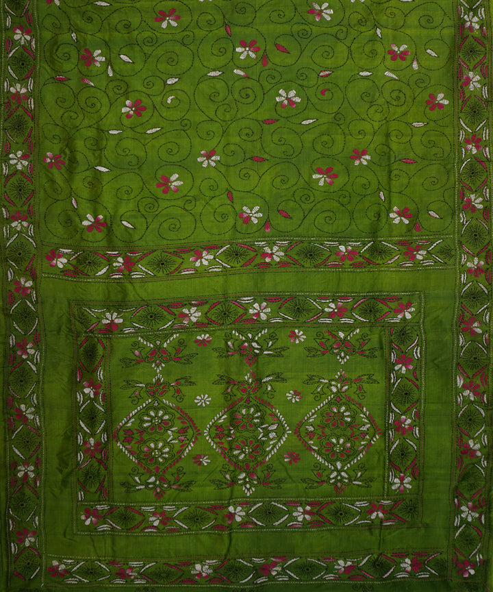 Deep spring bud green tussar silk hand embroidery kantha stitch saree